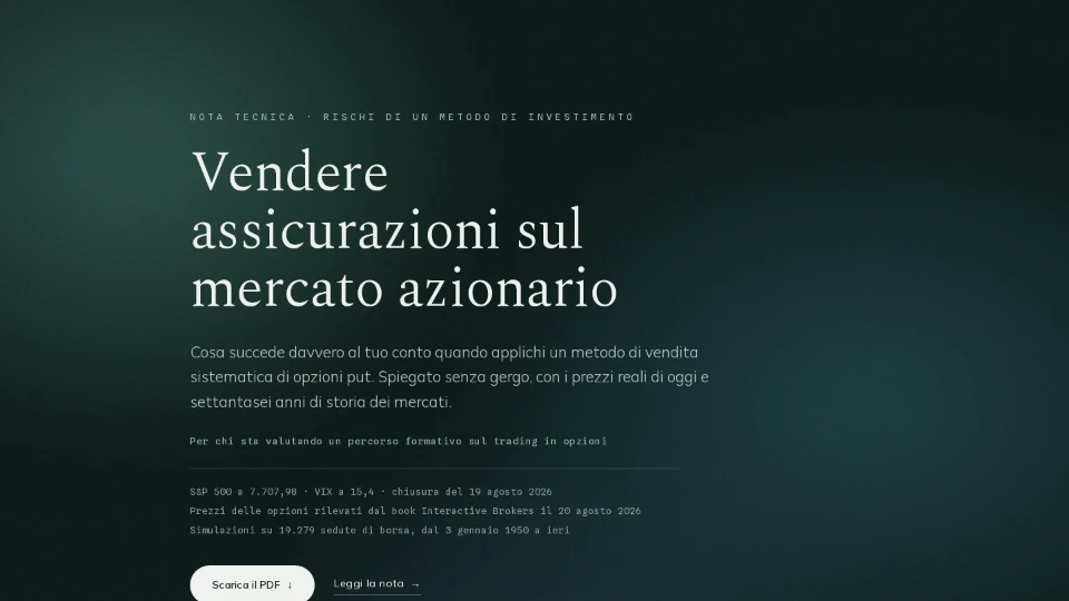 Apertura della nota tecnica «Vendere assicurazioni sul mercato azionario»: titolo in Spectral su fondo scuro, con i dati di mercato del 19 agosto 2026.