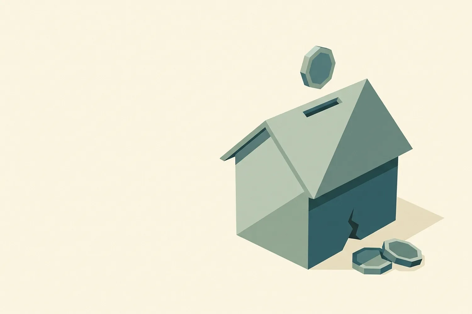Illustrazione low-poly: un salvadanaio a forma di casa, con una moneta che sta per entrare dalla fessura sul tetto e due monete uscite da una crepa alla base.