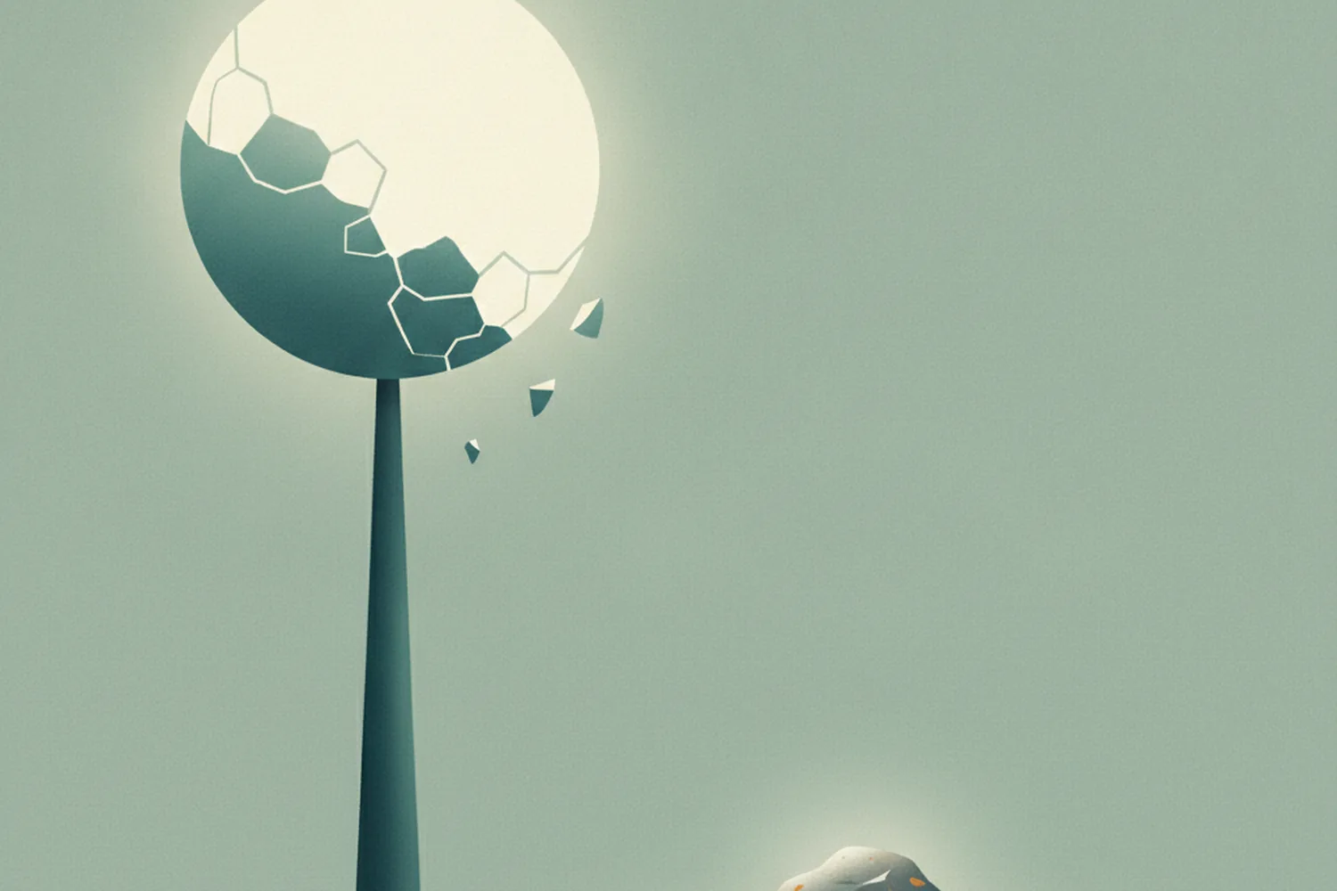Illustrazione concettuale: una sfera luminosa che si rivela guscio vuoto accanto a una piccola pietra solida: sostanza contro hype.