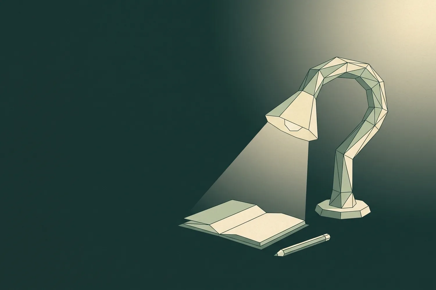 Illustrazione low-poly su fondo verde scuro: una lampada da scrivania con il braccio piegato a punto interrogativo illumina un quaderno aperto e una matita.