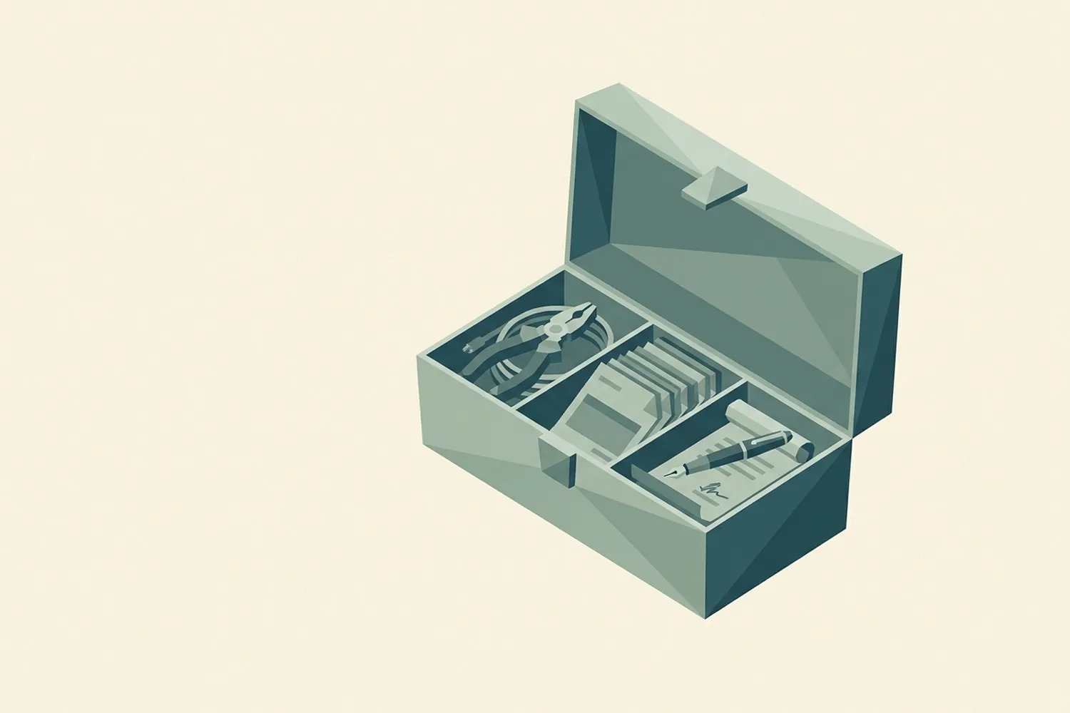 Illustrazione low-poly: una cassetta degli attrezzi aperta a tre scomparti, con pinze e cavo nel primo, una pila di fatture nel secondo e una penna con un contratto firmato nel terzo, su fondo crema.
