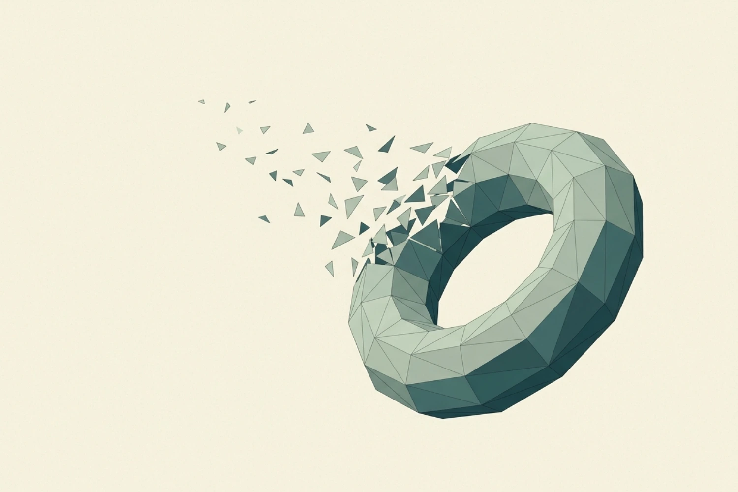 Illustrazione concettuale: un anello low-poly che si richiude su se stesso, il circuito che si autoalimenta, con un tratto che si sgretola in schegge — la parte di rischio che nessuno ha misurato.