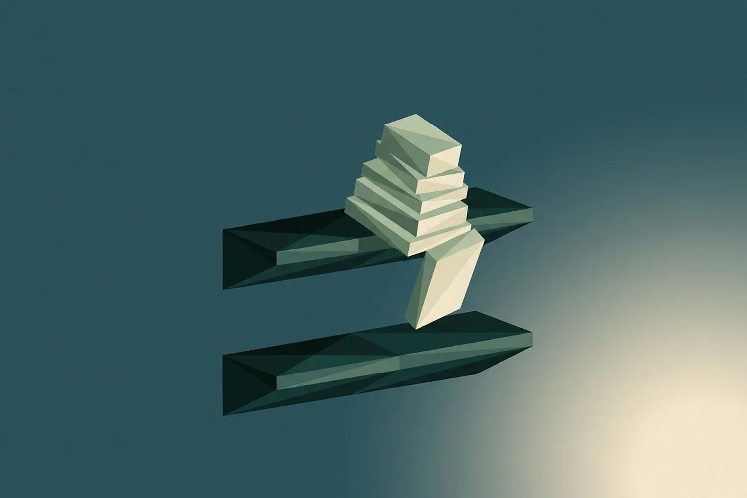 Conceptual illustration on a deep teal ground: a block of geometric shapes sliding from one shelf down to the shelf below, leaving the first one emptier.