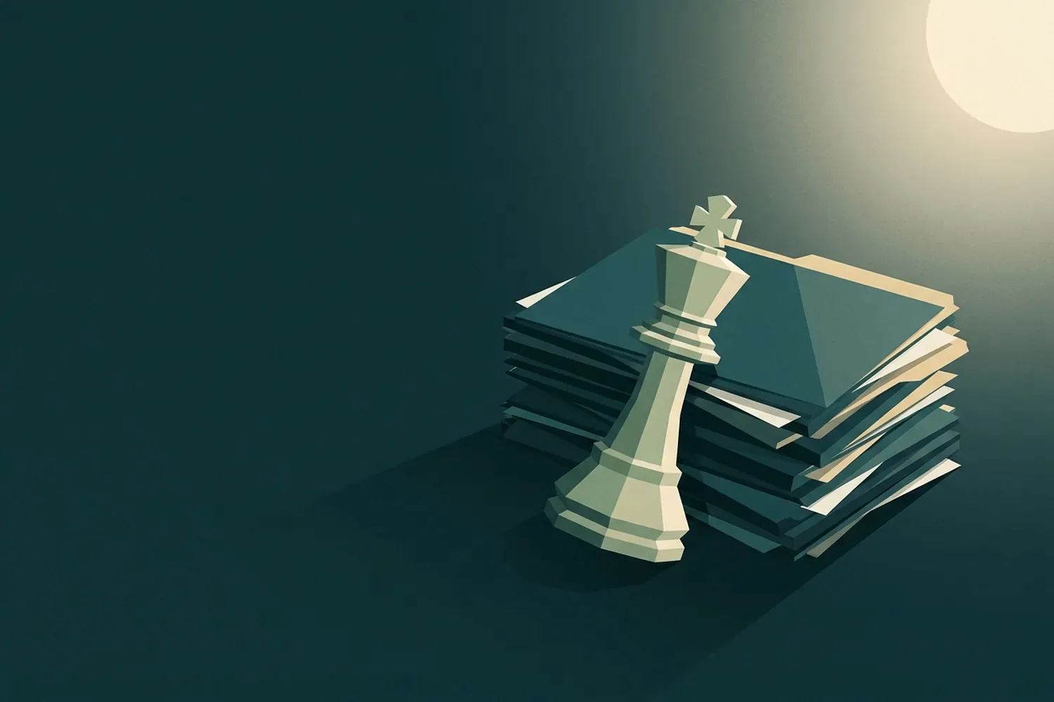 Illustrazione low-poly su fondo petrolio: un re degli scacchi appoggiato a una pila di cartelline e fogli, illuminato da una luce in alto a destra.