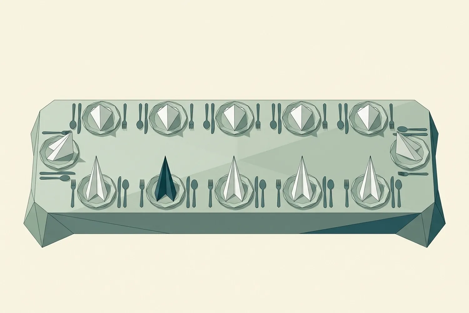 Illustrazione low-poly: una lunga tavola vista dall'alto, dodici posti apparecchiati con lo stesso tovagliolo bianco piegato a punta, e uno solo scuro.