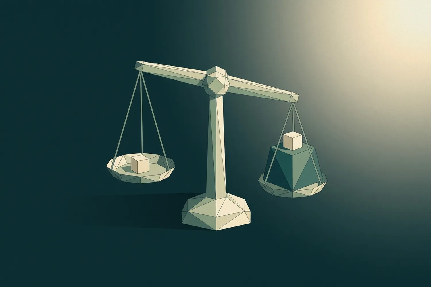 Illustrazione low-poly su fondo petrolio: una bilancia con lo stesso piccolo cubo su tutti e due i piatti, ma da un lato il cubo poggia su un blocco molto più grande e il piatto scende da quella parte.