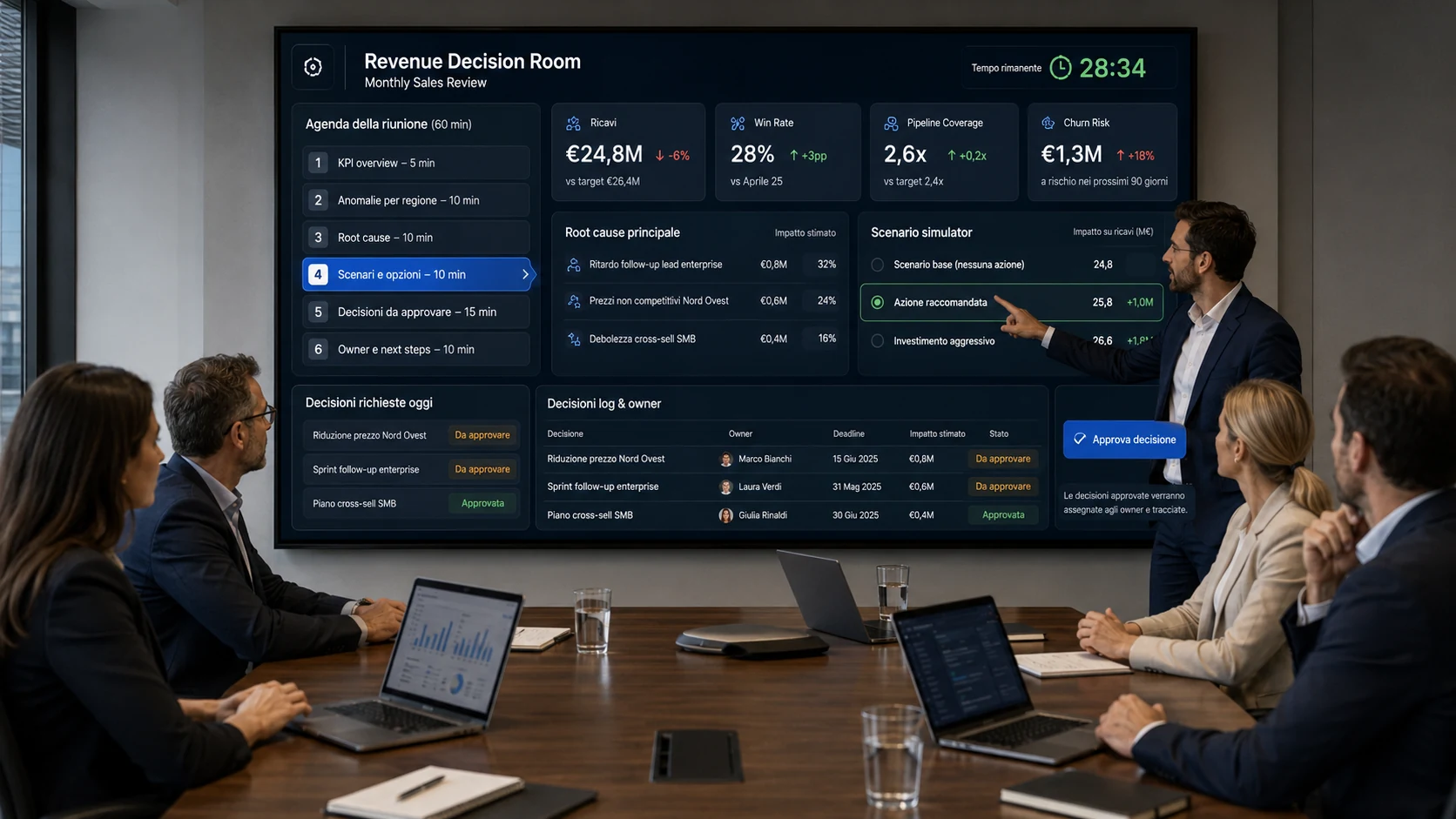 Mockup di una Decision Room per la review commerciale mensile: agenda con il tempo residuo, KPI live, root cause, simulatore di scenari e registro delle decisioni con owner e deadline, tutto nello stesso schermo.