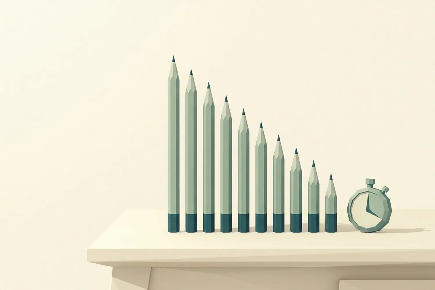 Low-poly illustration on a cream background: ten pencils standing in a row on a table, worn down to decreasing lengths like a bar chart, with a stopwatch beside them.