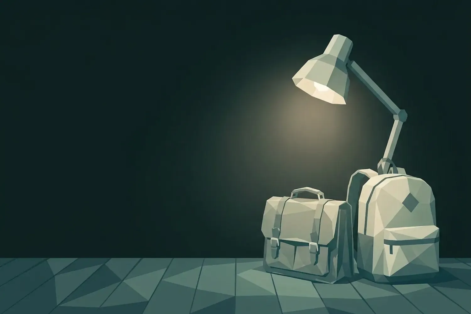 Low-poly illustration on a cream background: a worn leather briefcase and a brand-new school backpack side by side on a wooden floor, under a lit reading lamp.