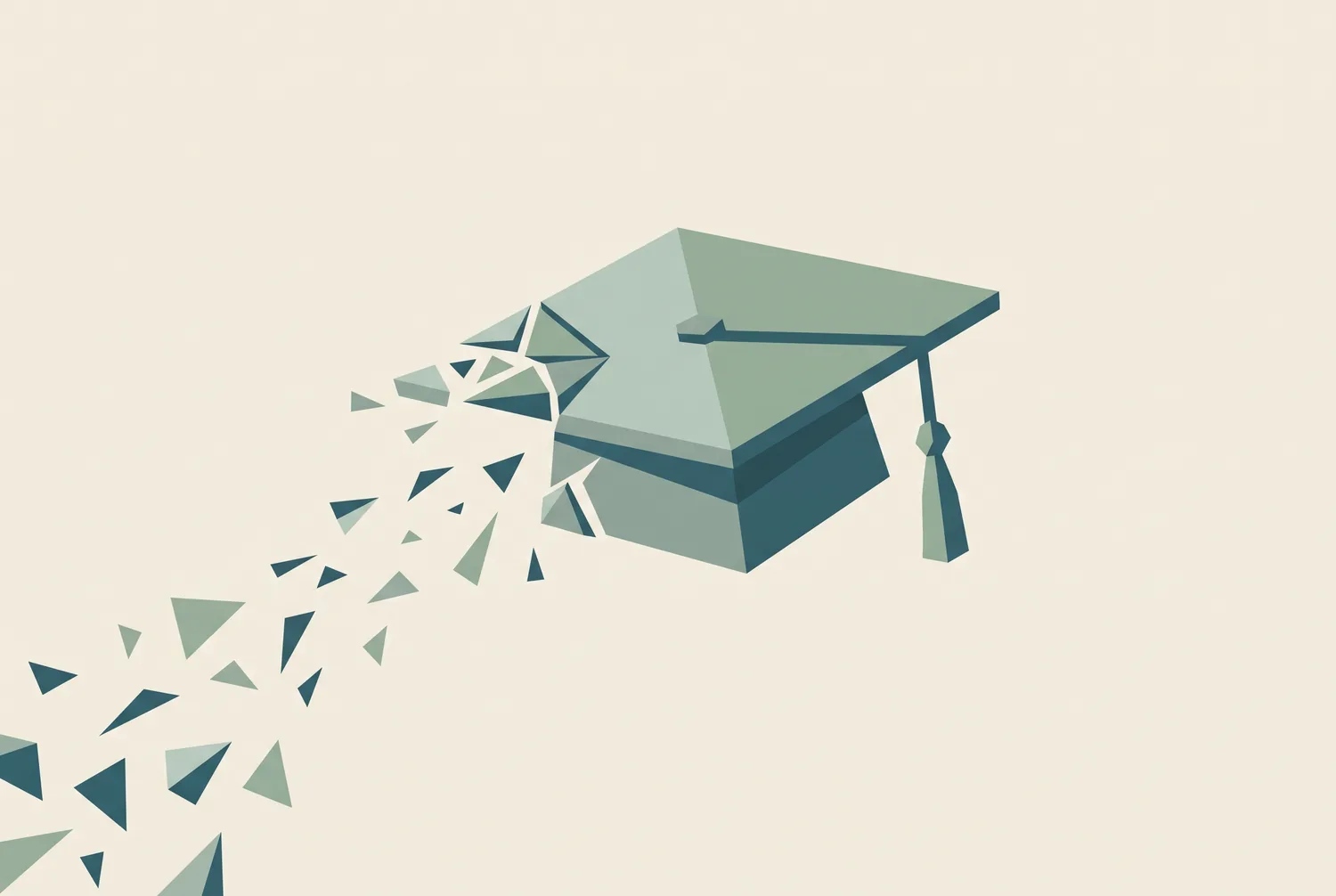 Illustrazione concettuale: un tocco di laurea che si compone da schegge geometriche in volo, metafora di una promessa mantenuta a distanza di ventidue anni.