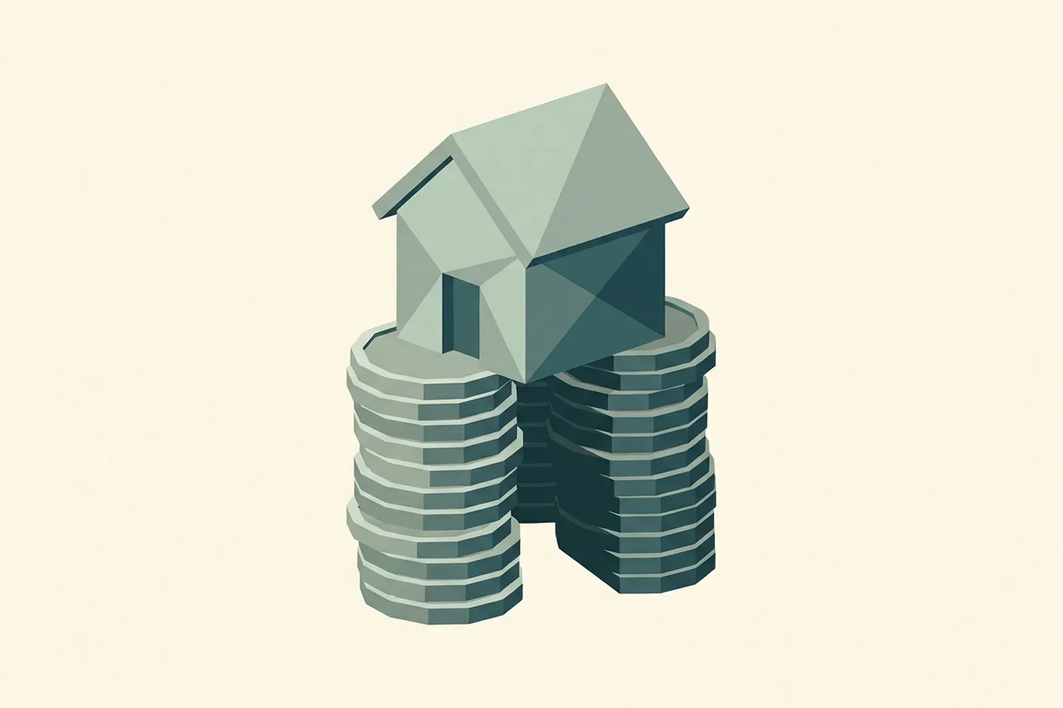 Low-poly illustration: a small house on top of a tall stack of coins, with a wedge of the stack cut away and missing underneath the house.