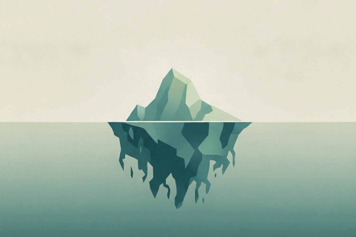 Illustrazione concettuale: un iceberg con la vetta sopra l'acqua e la massa nascosta sotto: forza visibile e fondamentali trascurati.