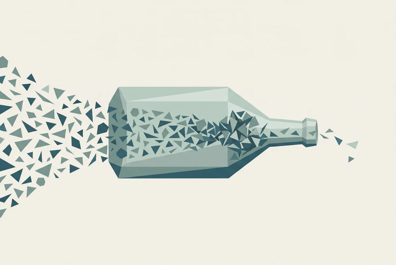 Illustrazione concettuale: un flusso di schegge geometriche che si strozza passando per il collo di una bottiglia stilizzata, metafora del limite cognitivo umano davanti alla velocità dell'AI.